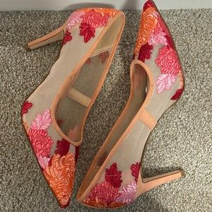 Jessica Simpson mesh pointed toe pumps with floral embroidery